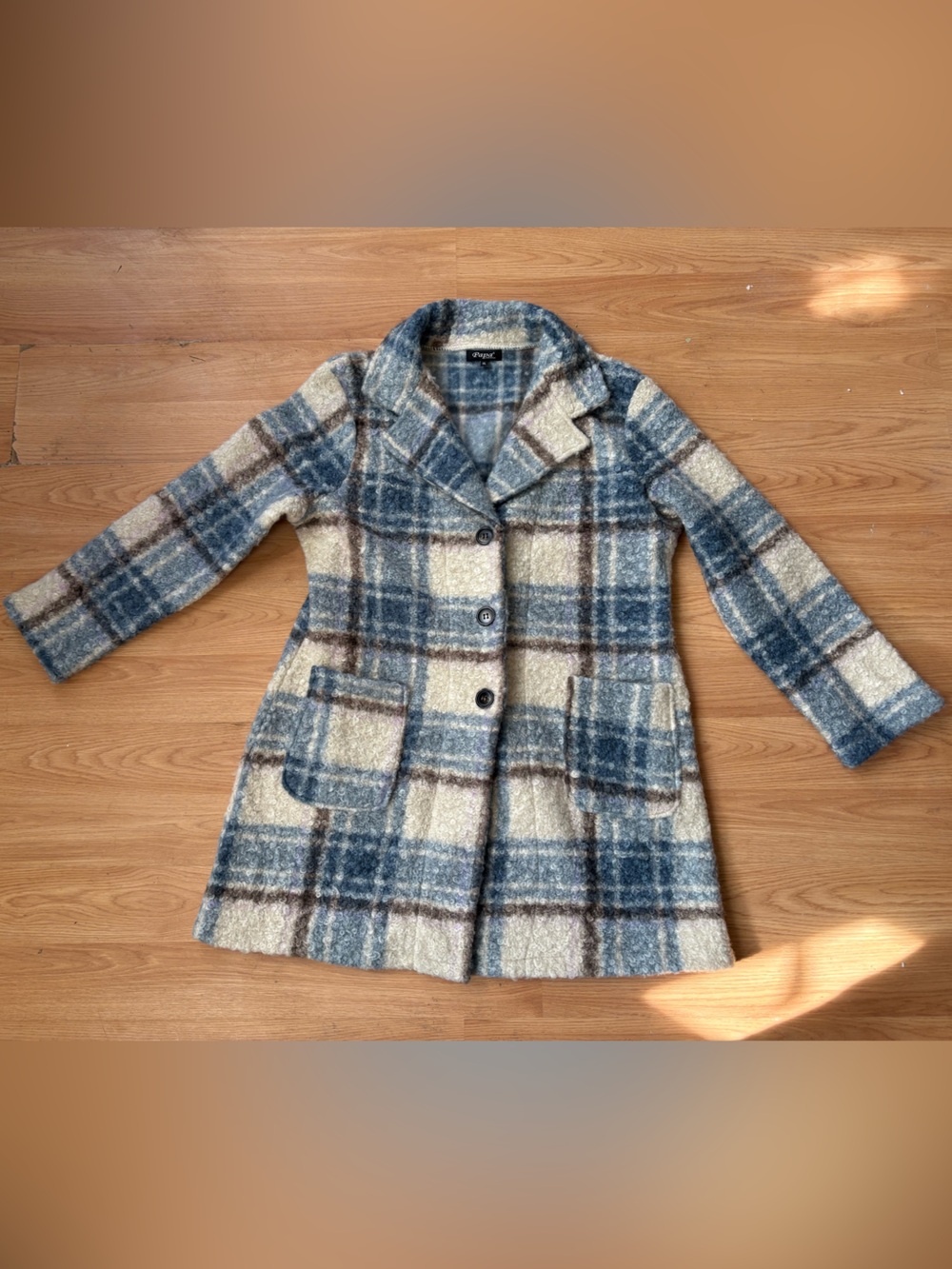 Papa Blue Cream Plaid Pea Coat sz XL